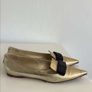 Gold Pointed Toe Flats with Black Bow